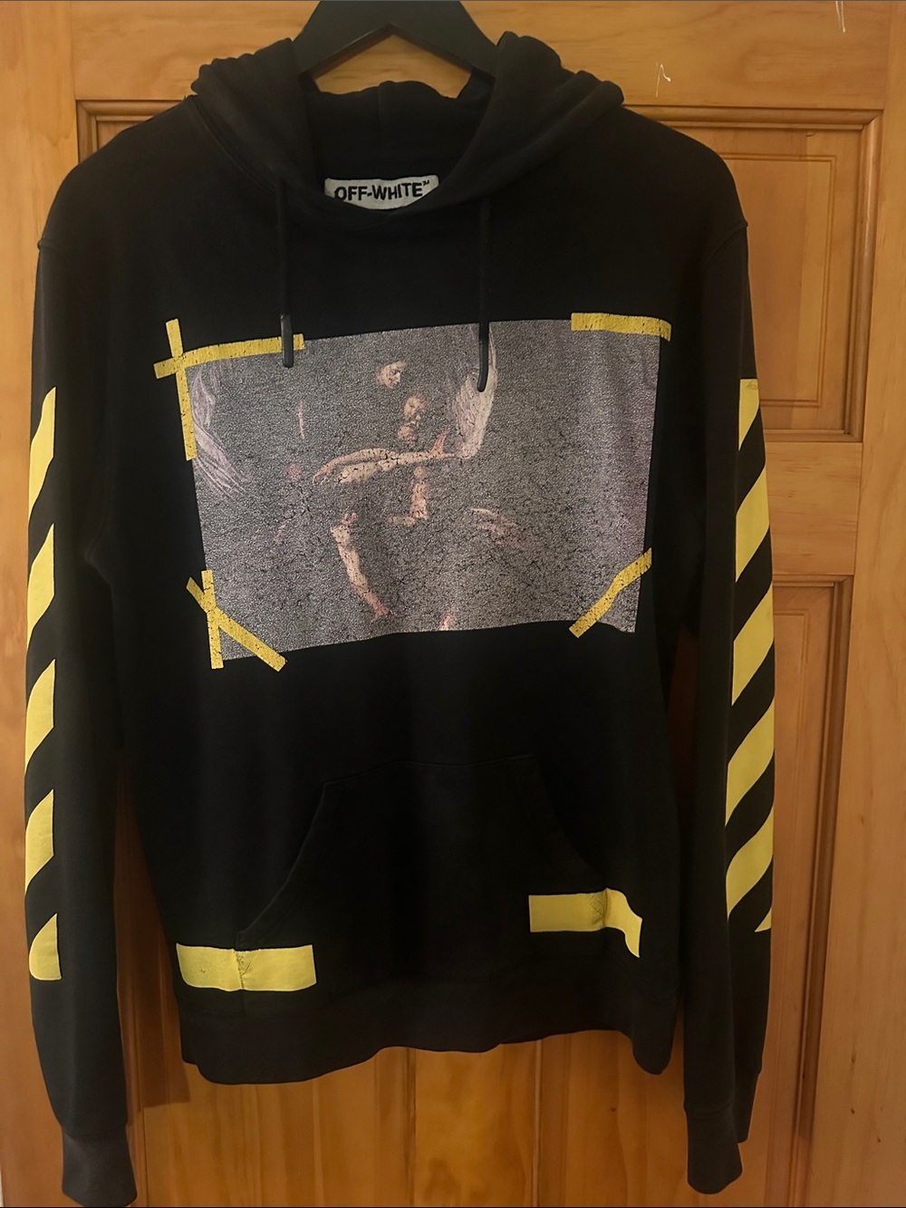 Off-White Black Hoodie with Yellow Diagonal Sleeve Stripes